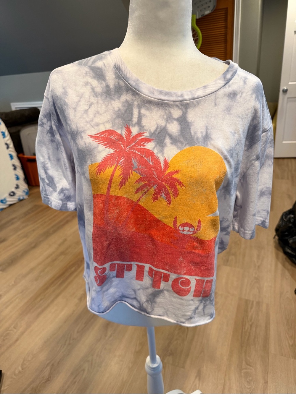 Stitch Graphic Tie-Dye Crop Tee - Light Blue, Red & Yellow